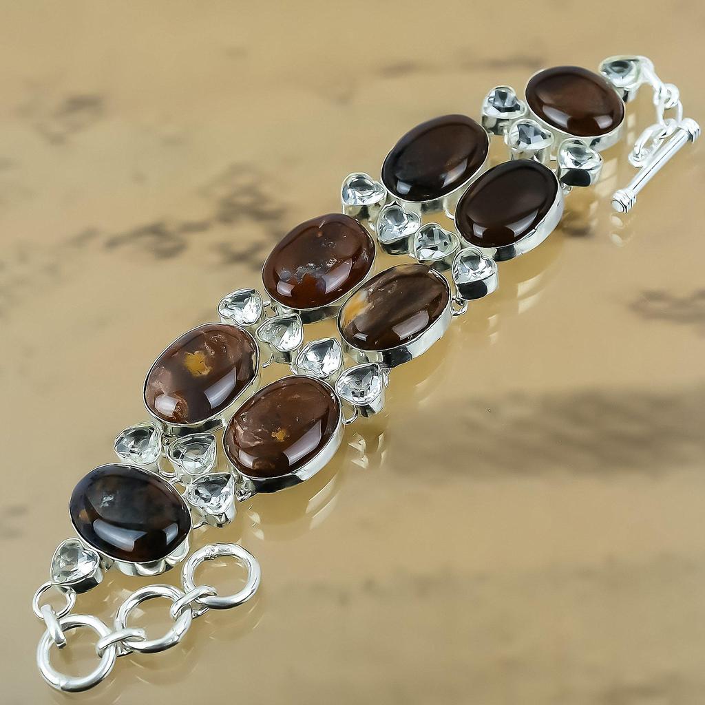 Gift For Women Chain Adjustable Bracelet 925 Silver Natural Petrified Wood