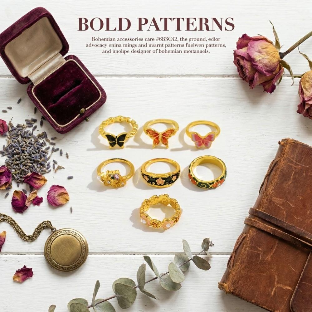 7Pcs/Set Rhinestone Flower Ring Set Camellia Flower Irregular Rings Unique Enamel Finger Rings Gift