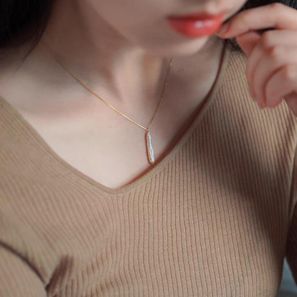 Exquisite Silver Bar Collarbone Chain Toothpick Irregular Natural Baroque Pearl Necklace 925 Silver Jewelry Minimalist Style Neck Chain