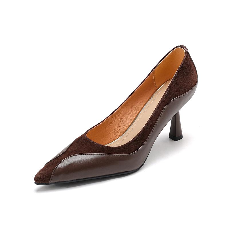 

Fashion NEW Spring/Autumn Women Pumps Pointed Toe Thin Heel Shoes Genuine Leather Shoes for Women Concise Shallow Slip-on Handmade Shoes 40 коричневый