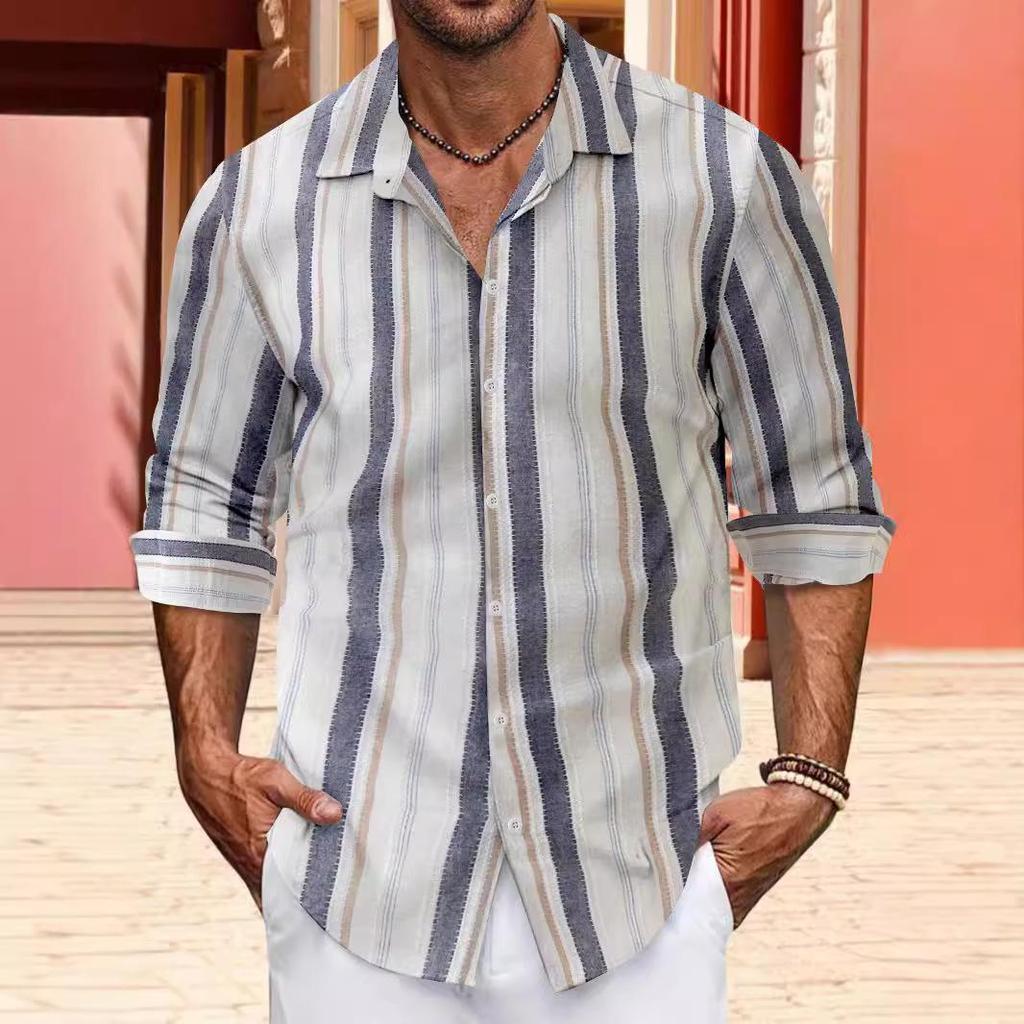 European Size Top Spring Autumn Striped Shirts Button Up Men's Casual Lapel Collar Long Sleeve Shirt