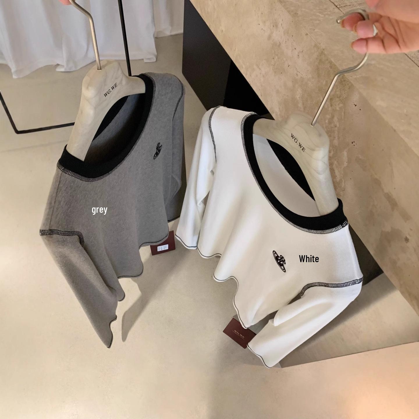 Autumn/Winter New Women s Embroidered Contrast Stitching Patchwork Long Sleeve Top Small серый