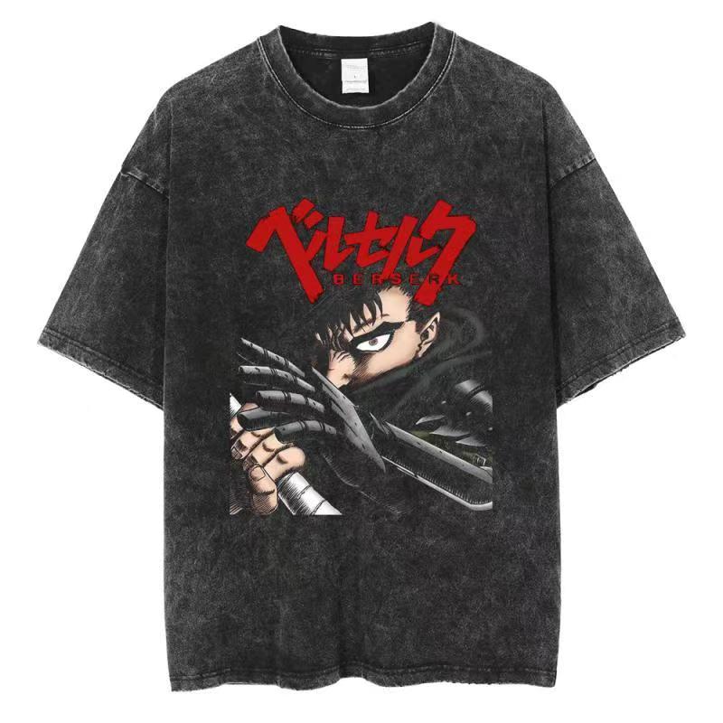 Berserk Print T-shirt Men Women Washed Vintage Japan Anime Oversize Streetwear Harajuku Summer Short Sleeve Tshirt Cotton Tops