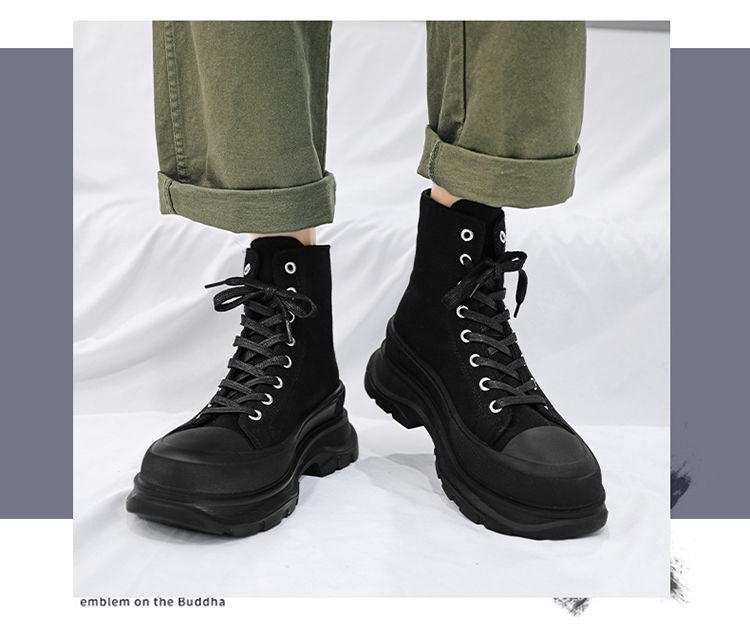 Versatile Men's Black Canvas High-Top Sneakers - Trendy, Thick-Soled, Height-Boosting Casual Sports Shoes for Spring and Autumn.