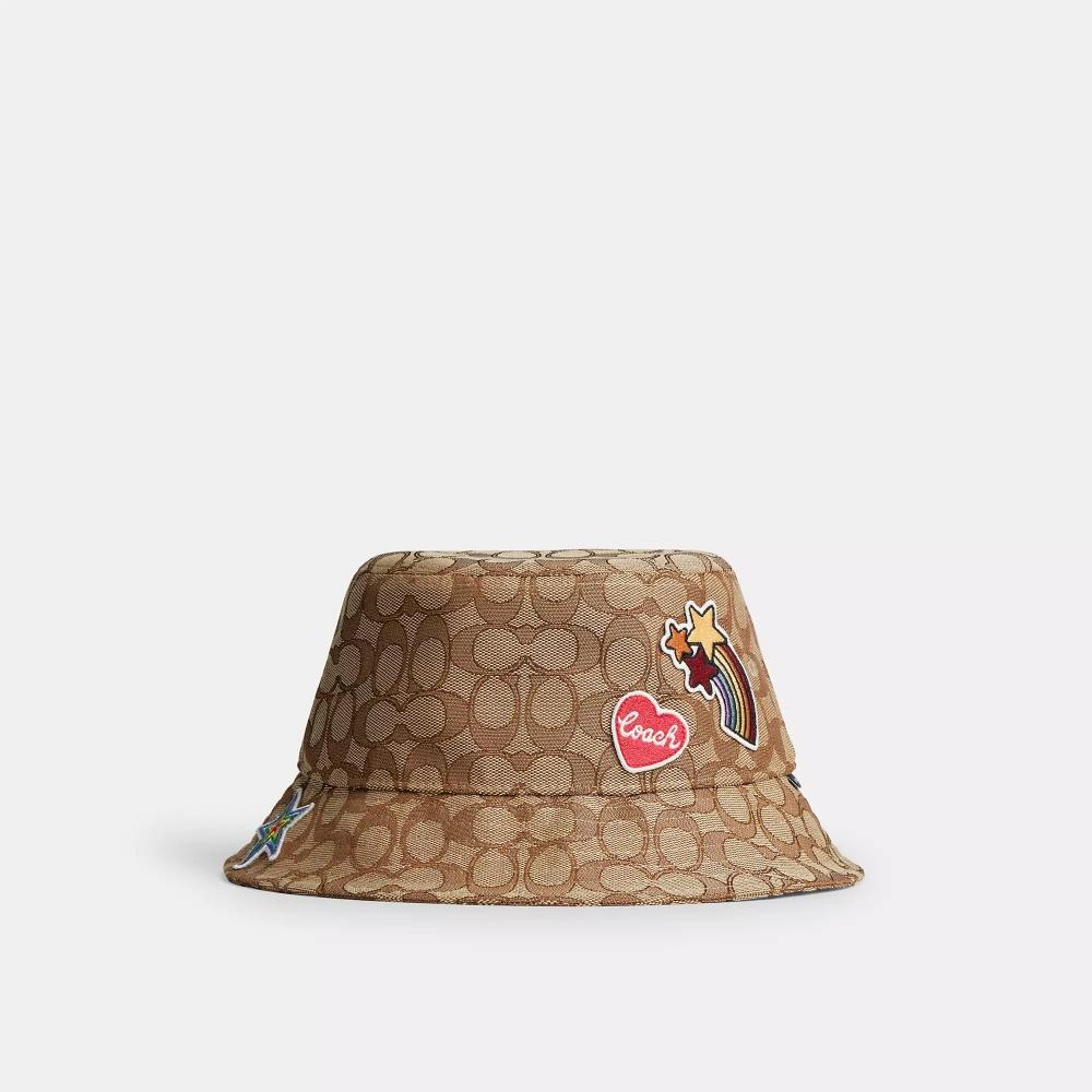 

Coach Signature Jacquard Bucket Hat With Sticker Patches Khaki Multicolor XSmall/Small