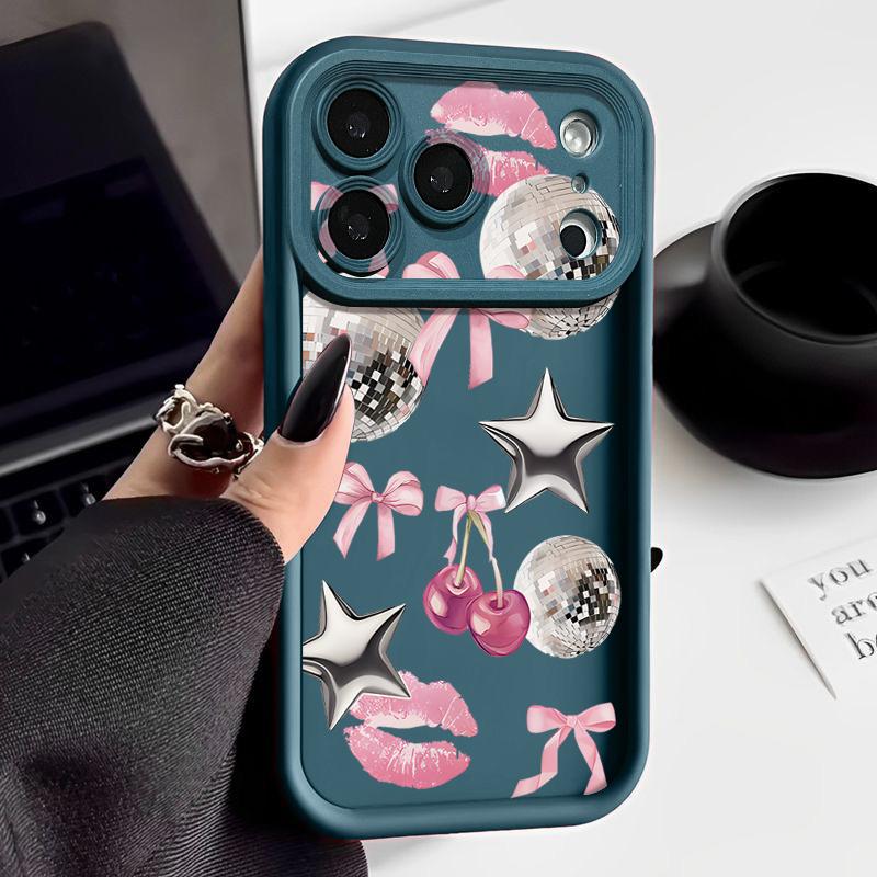 Cherry Bowknots Lips Disco Ball Case For iPhone 17 Pro Max Shockproof Silicone Bumper Cover For iPhone 16 Pro Max Funda iPhone 15 14 13 12 11 16E