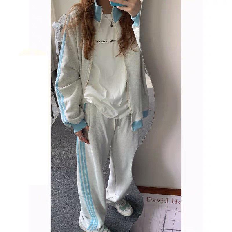 Damen Frühling/Herbst Laufanzug - Reiner Baumwoll- & Milchseidenstoff, Reißverschlussjacke & Hose im koreanischen Stil