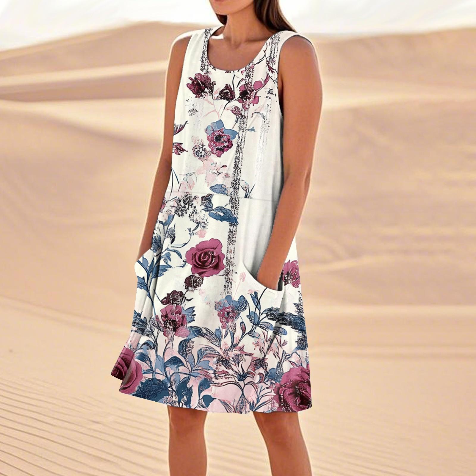 

Платья с принтом для женщин, свободные, пляжные, повседневные, без рукавов, сарафаны с карманами, платье-майка L