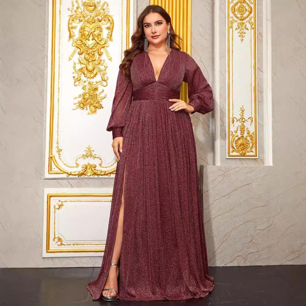 Plus Size Women's Deep V-Neck Lantern Sleeve Evening Gown with Slit - FMGN1043