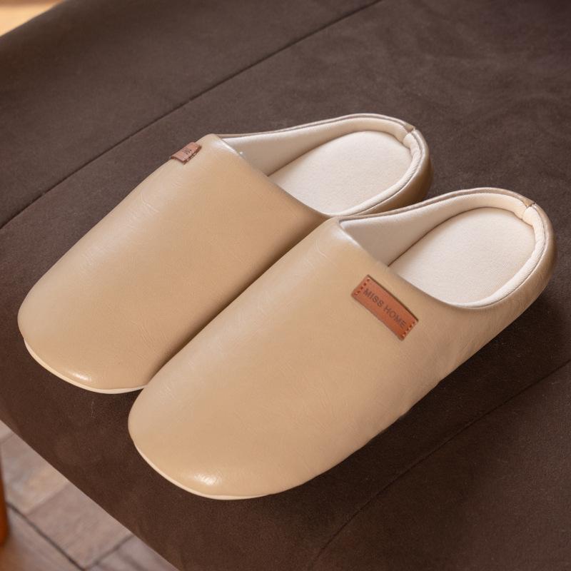 New Japanese-style PU leather silent home slippers autumn and winter couple home velvet warm non-slip cotton slippers