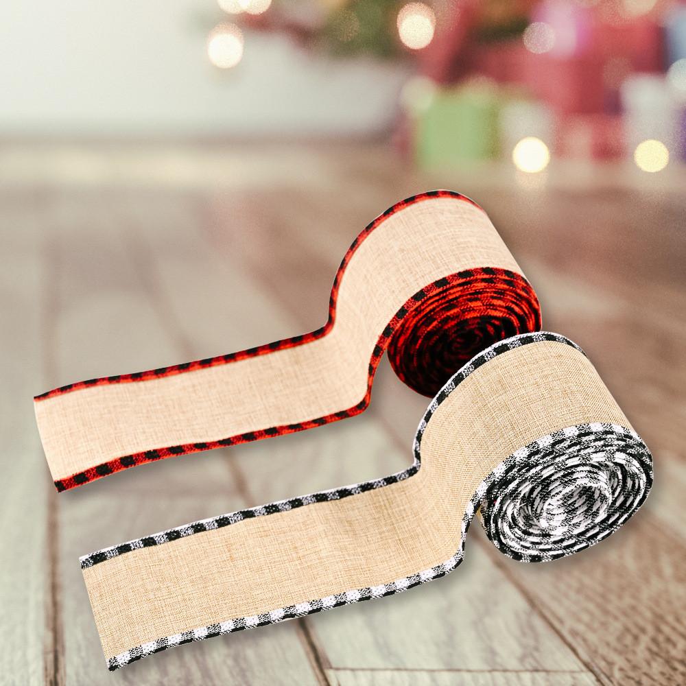 Christmas Holiday Gift Wrapping Ribbon With Red Black Plaid Faux Linen For Festive Decorations