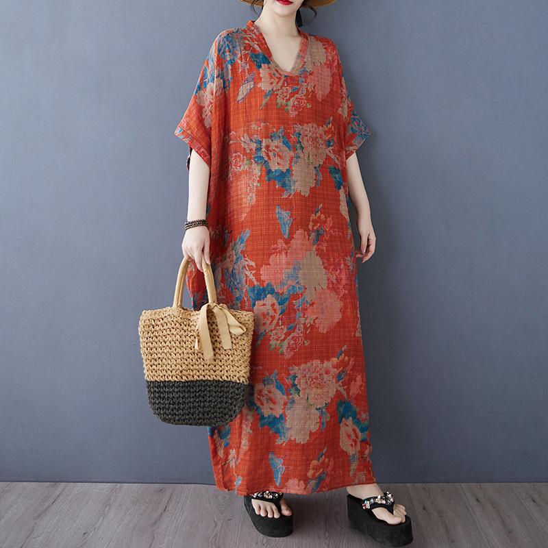 Summer Casual Artistic Plus Size Loose Print V-neck Short Sleeved Dress