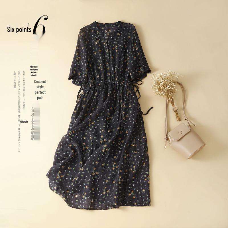 

Женское платье с V-образным вырезом из хлопка и льна с рукавами пять четвертей и завязками, летнее ретро-платье 2024 года, стройнящее талию 2XL чёрный