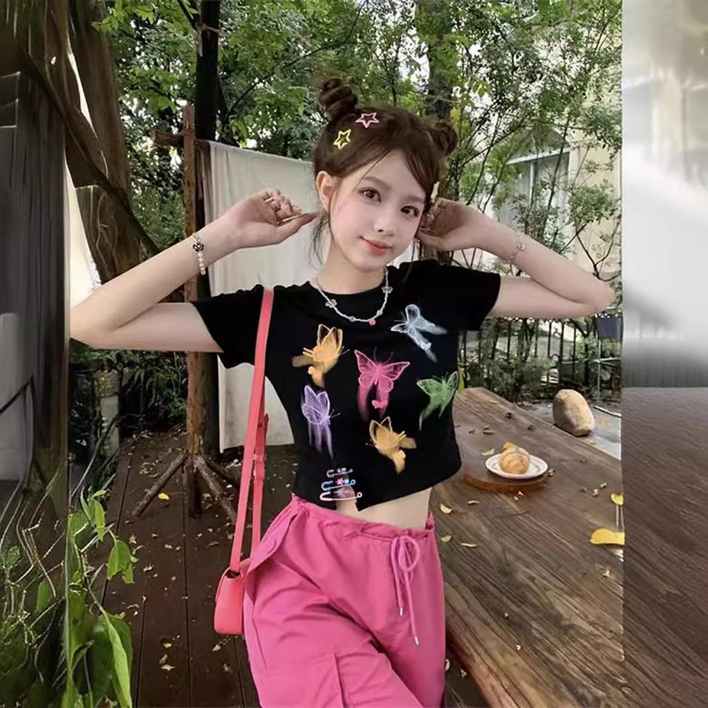Summer new dopamine butterfly print short Spice Girl top design sense niche age-reducing short-sleeved T-shirt