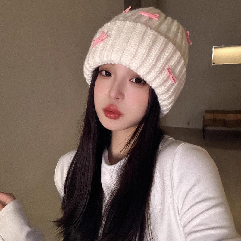 Korean Version Simple Solid Color Bow Plush Hat for Women In Autumn and Winter New Thickened Warm and Cold Proof Knitted Head Hat