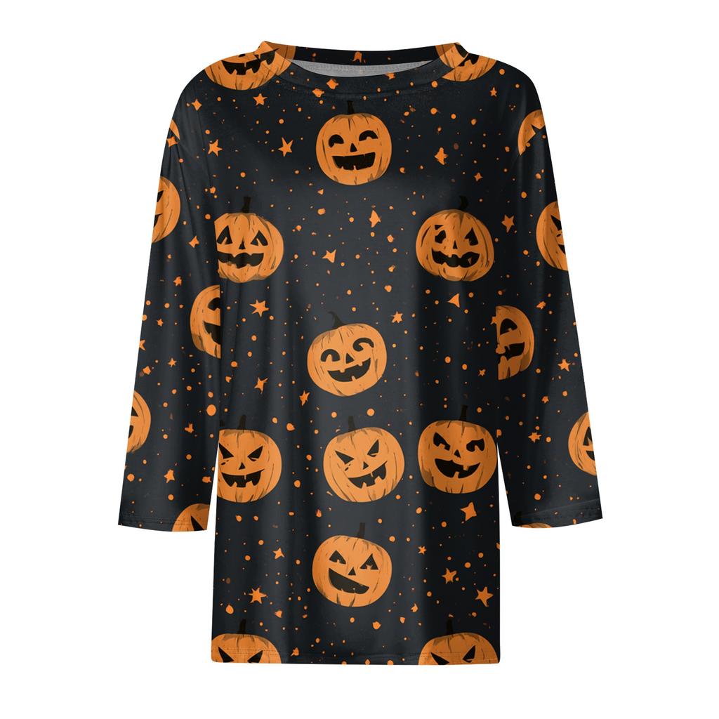 Women's Fashion Casual Short Sleeve Neck Top with Halloween and Pumpkin Print