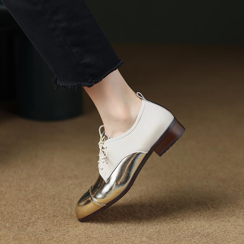 2024 New Fashion Classic Brogue Schuhe Frauen Metall Kuh Leder Pumps Mischfarbe Komfortable Lace Up Große Größe 34-40 für Damen