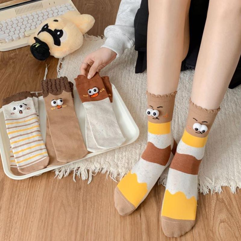1 Paire Chaussettes Expressions Automne Hiver Pour Femmes Filles Chaussettes Créatives Mi-Mollet Chaussettes Drôles Mi-Mollet Chaussettes en Coton 3D Grands Yeux
