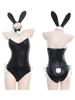 Bunny Girl Cosplay Woman Sexy Lingerie PU Faux Leather Bodysuit with Tie Headband Set Kawaii Rabbit Suit Porno Exotic Costume