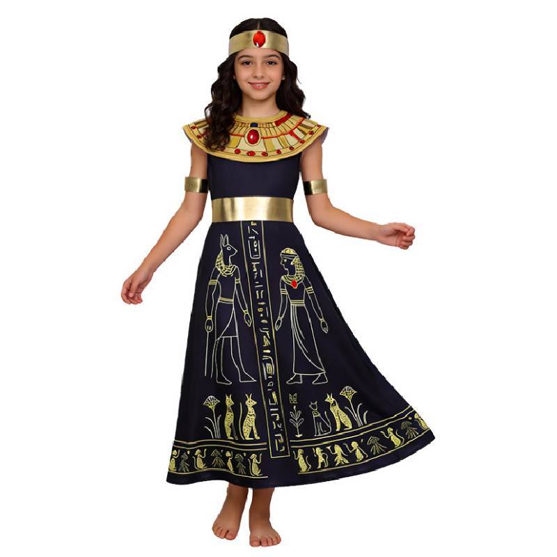 Ägyptisches Königinnenkostüm für Kinder mit Kleid, Kopfschmuck und Zubehör für Halloween und Rollenspiele