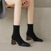 Krazing Pot Cow Skin Autumn Winter Shoes Square Toe Mixed Color Thick High Heels Zipper Chelsea Boots Women Stretch Ankle Boots