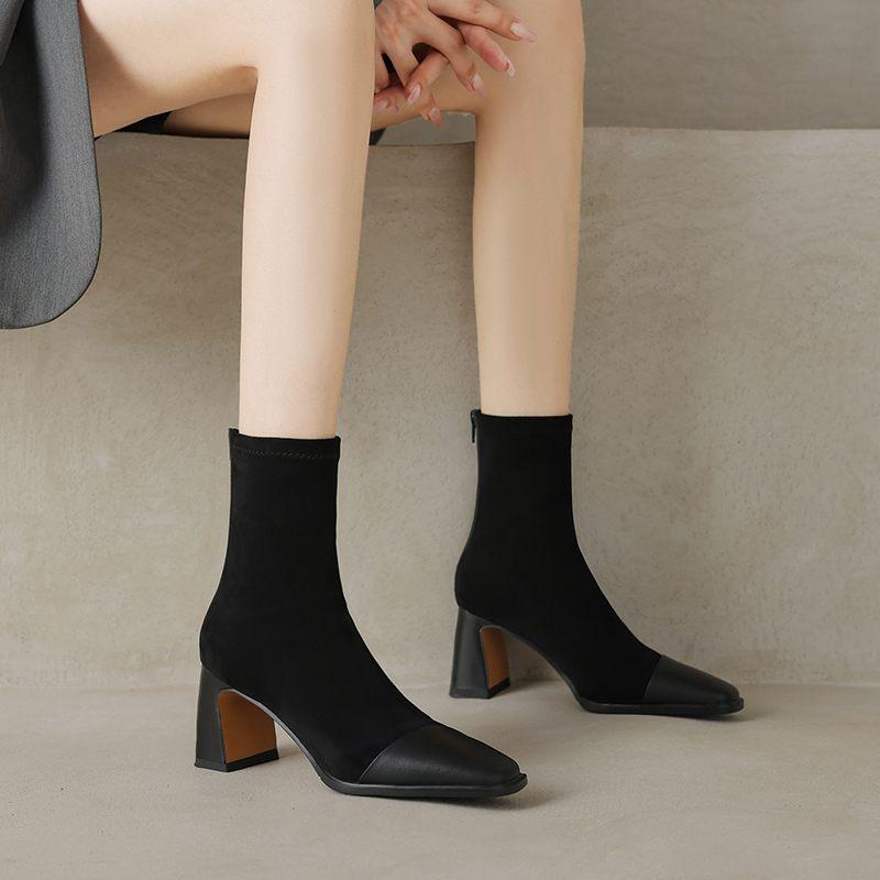 Krazing Pot Cow Skin Autumn Winter Shoes Square Toe Mixed Color Thick High Heels Zipper Chelsea Boots Women Stretch Ankle Boots
