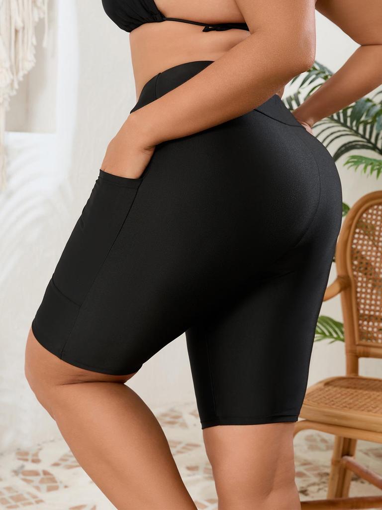 2026 High-Waist Badeshorts in Übergröße, Schwarz, mit Taschen - Europäischer & Amerikanischer Stil