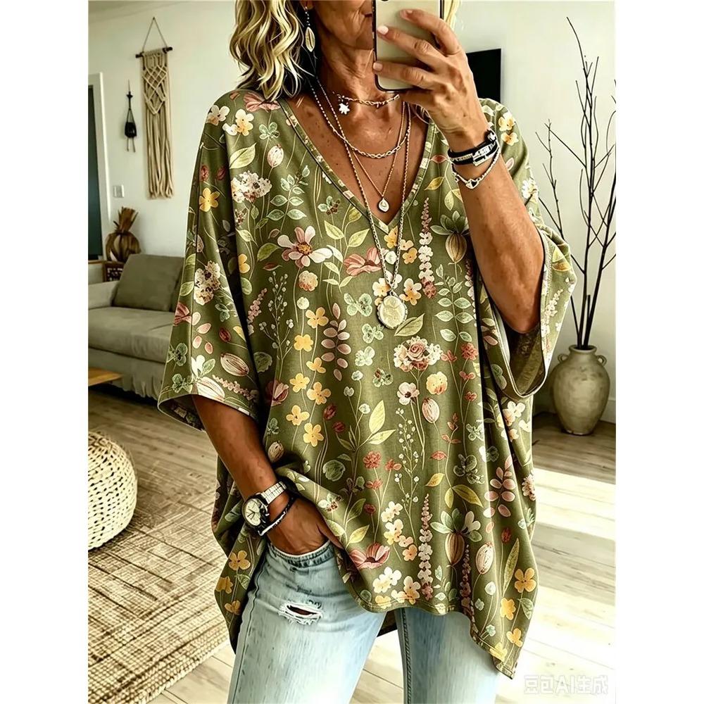Women's Large Size V-neck Tops, Elegant and Comfortable Simple Pattern Print Large Size Women's V-neck T-shirt