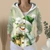 Women's Fashion Casual Sweater Button-Up Print Cardigan  Hooded Jacket