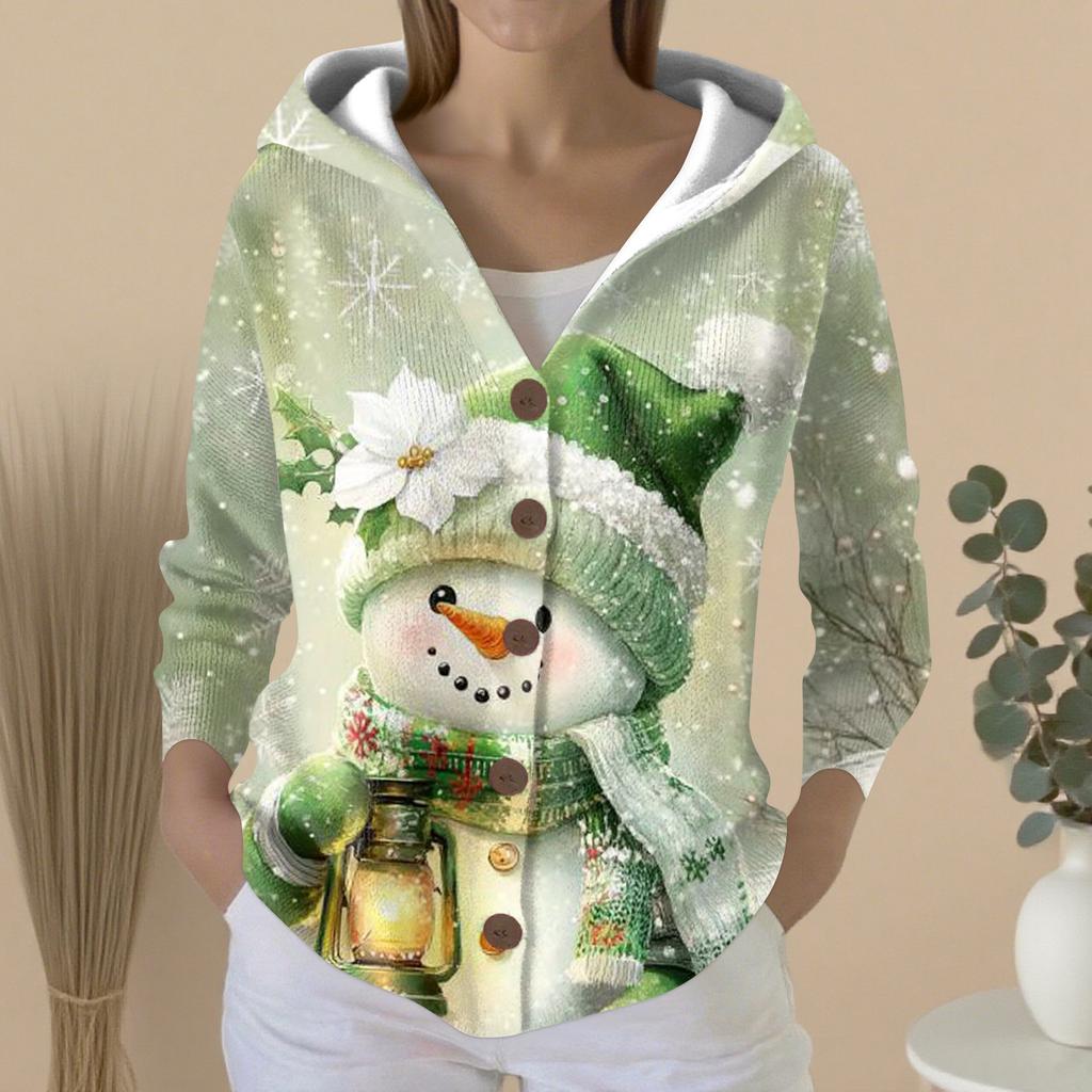 Women's Fashion Casual Sweater Button-Up Print Cardigan  Hooded Jacket