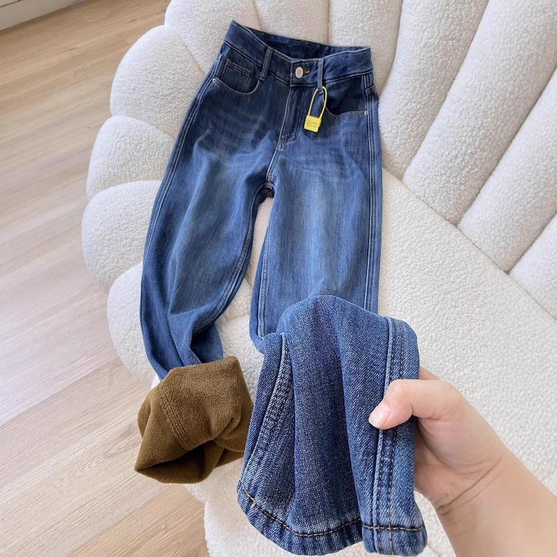 Retro Blue Velvet Thickened Loose Straight Jeans Women's Autumn and Winter New High-waisted Versatile Narrow Wide-leg Pants