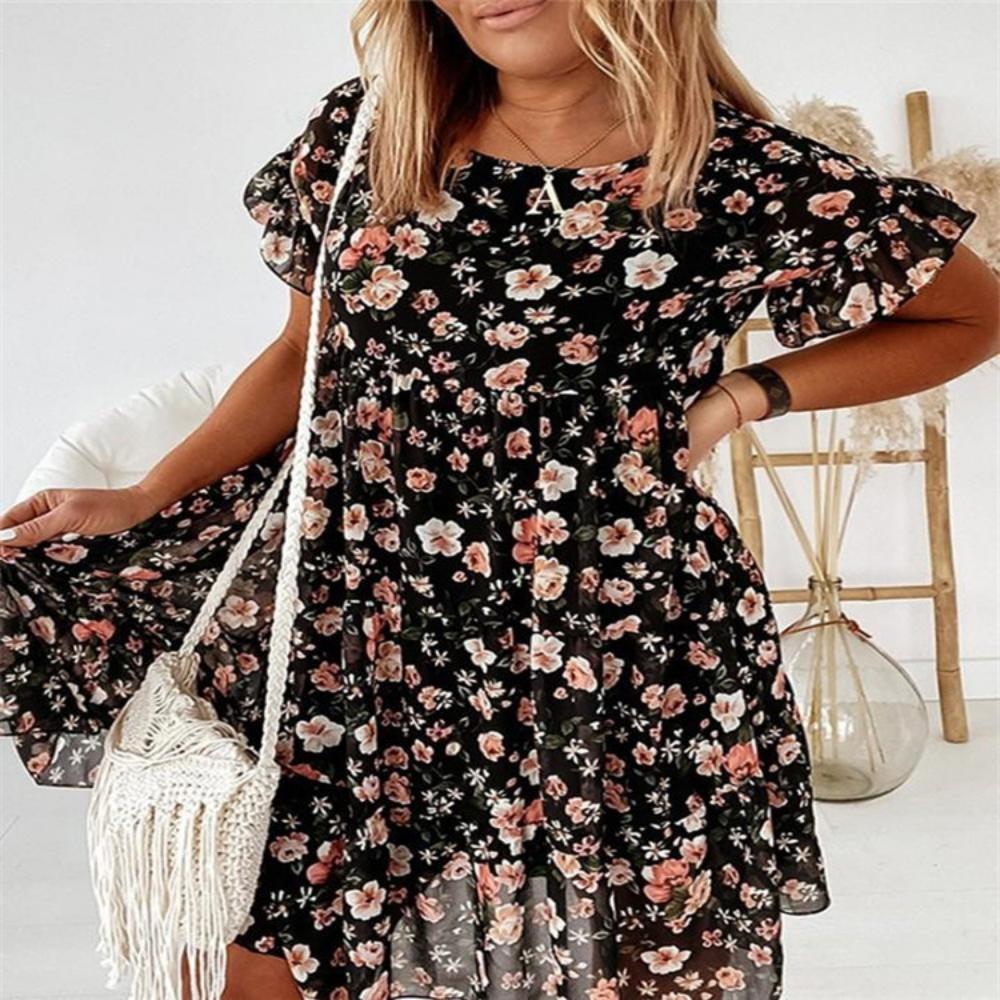 2025 Spring Summer Round Neck Flower Printed Short Sleeve Loose Dress Fashionable and Versatile Trend