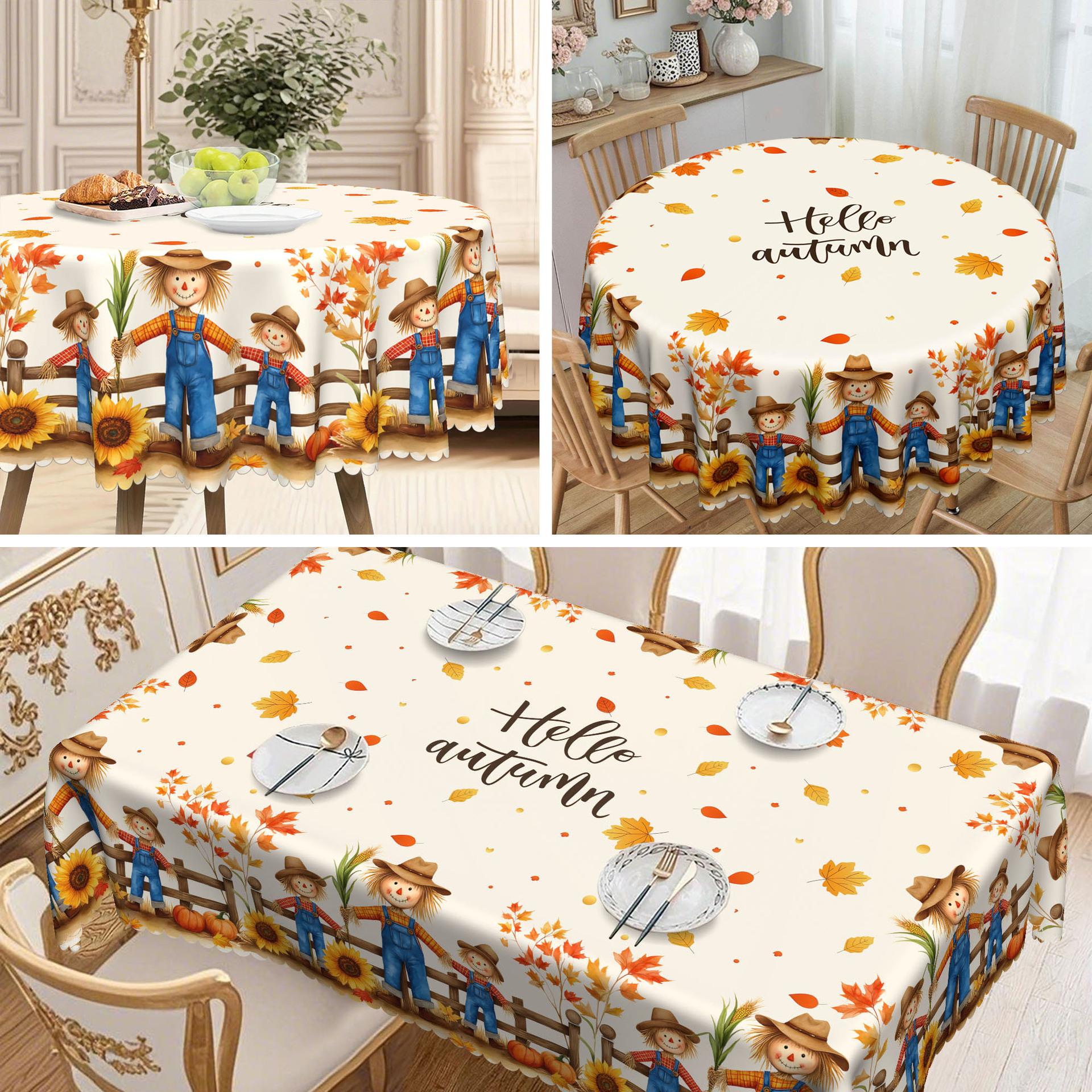 

1 Autumn Harvest Scarecrow Tablecloth - Durable Polyester Rectangular Tablecloth With Autumn Leaves And Pumpkin. Round tablecloth-152x152cm