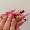 3D French Red Wearable Nails with Rhinestone Stars - Long Style