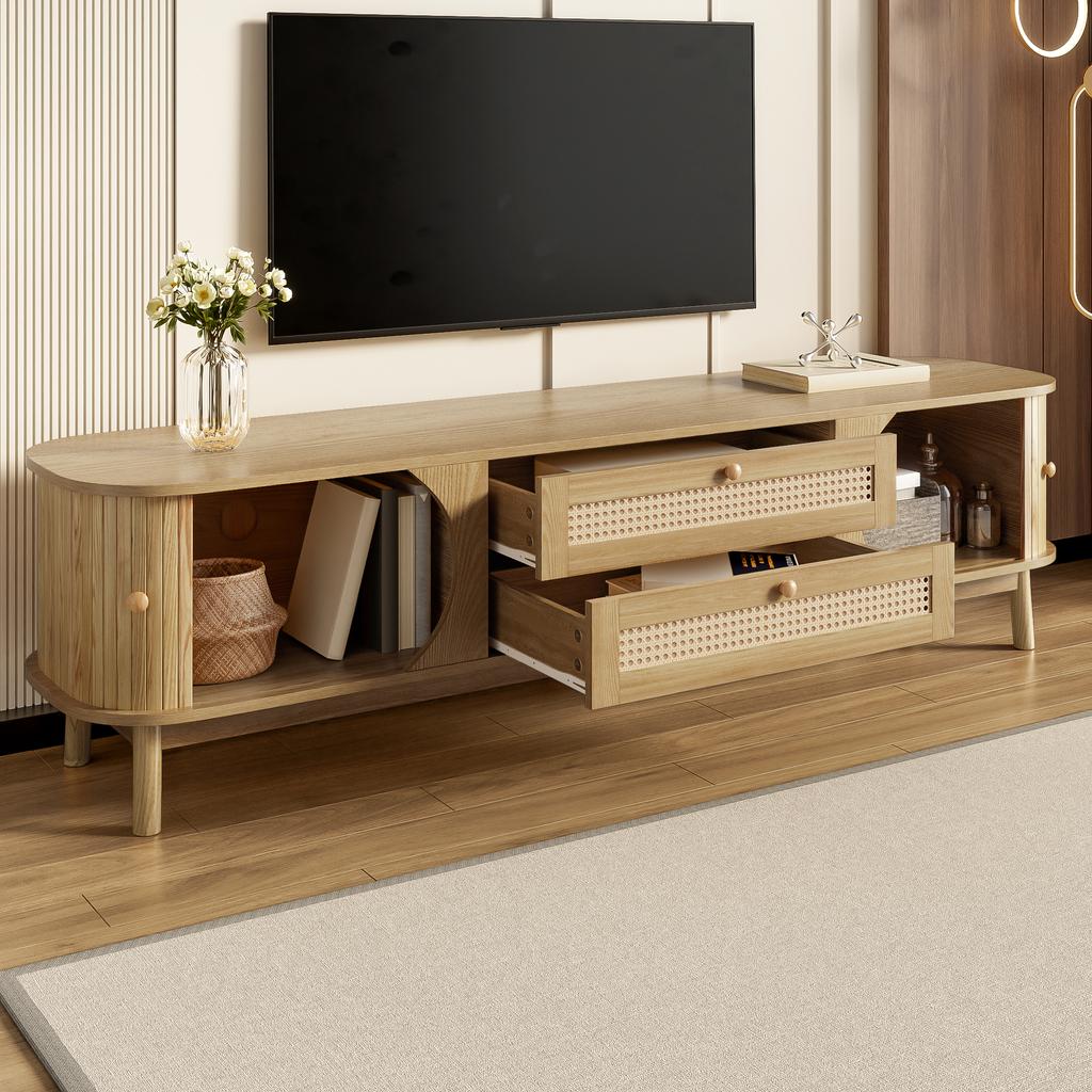 TV Cabinet - Natural Wood Blend TV Cabinet with Doors and Drawers. TV Stand with Rattan Sides. Storage Solution, Natural Country Style