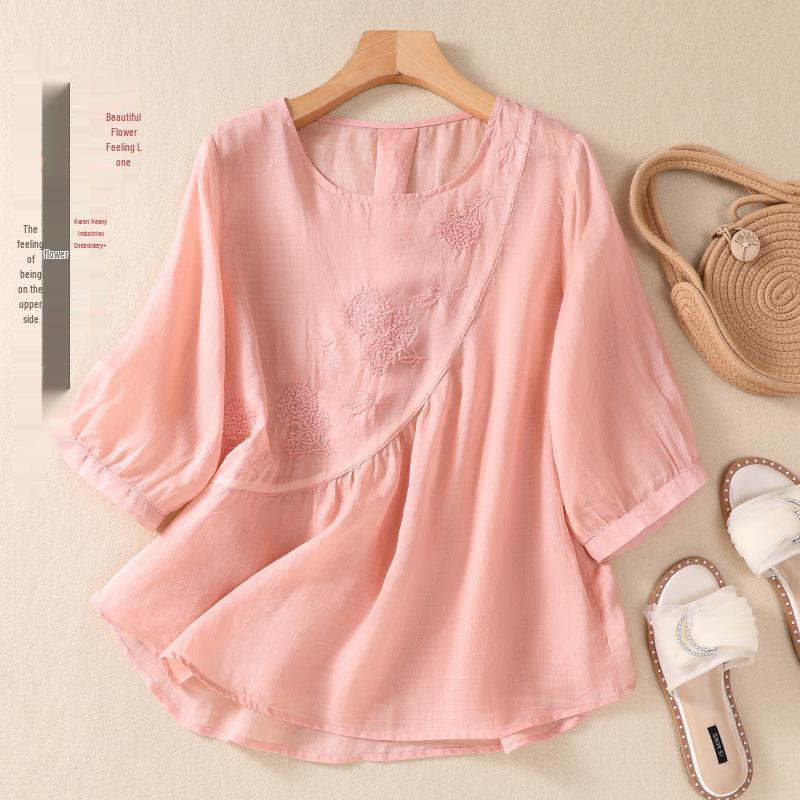 2023 Women's Literary Embroidery Cotton Linen Blouse - Summer Loose Pleated Pullover