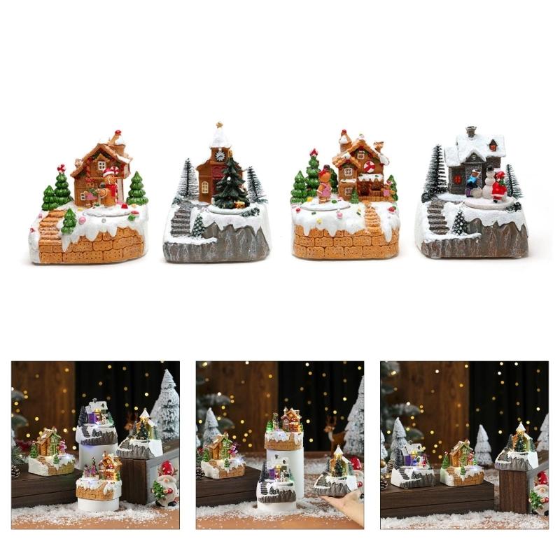 LED Illuminated Christmas Rotating Music Box Snow House Scene Ornament Battery Operated Desktop Decoration for Home