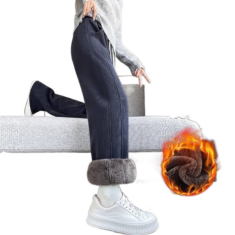Plus-Size Chenille Velvet Pear-Shaped Wide-Leg Winter Pants – Thick Warm Straight-Leg Cotton with Imitation Lamb Wool