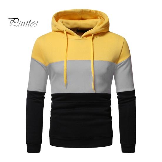 Men Fall Winter Hoodie Colorblock Drawstring Long Sleeves Big Pocket Hooded Retro Thin Loose School Daily Wear Casual Sport Top