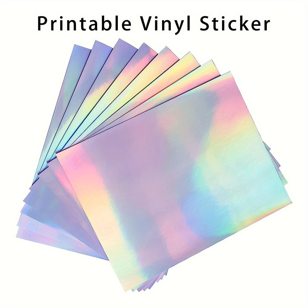 10 Sheets of Rainbow Holographic Vinyl Sticker Paper - Waterproof, Glossy, Quick-Drying, Compatible with Inkjet & Laser Printer