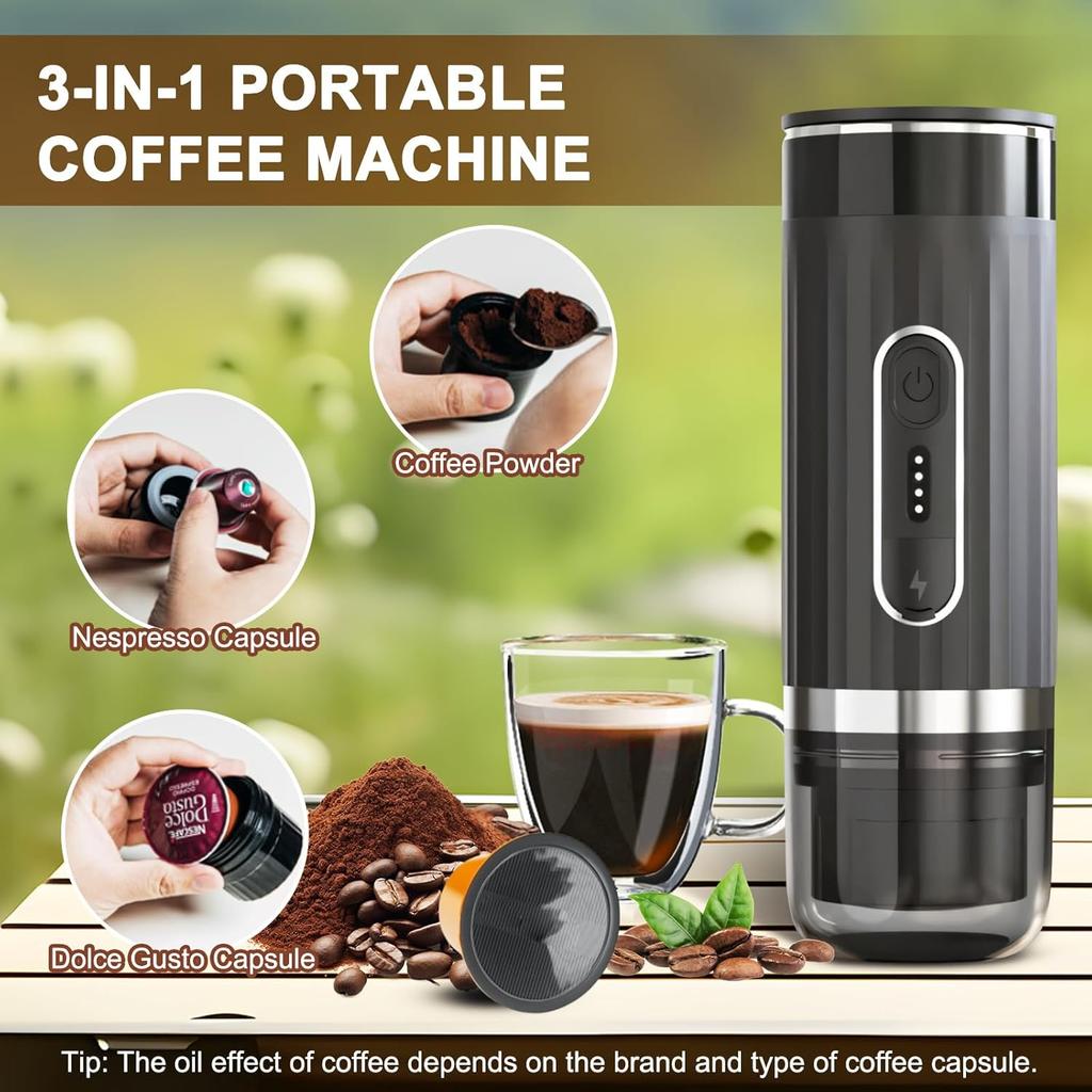 Portable Electric Espresso Machine Self-Heating Car Coffee Maker Travel Compatible with Coffee Ground & NS Capsules