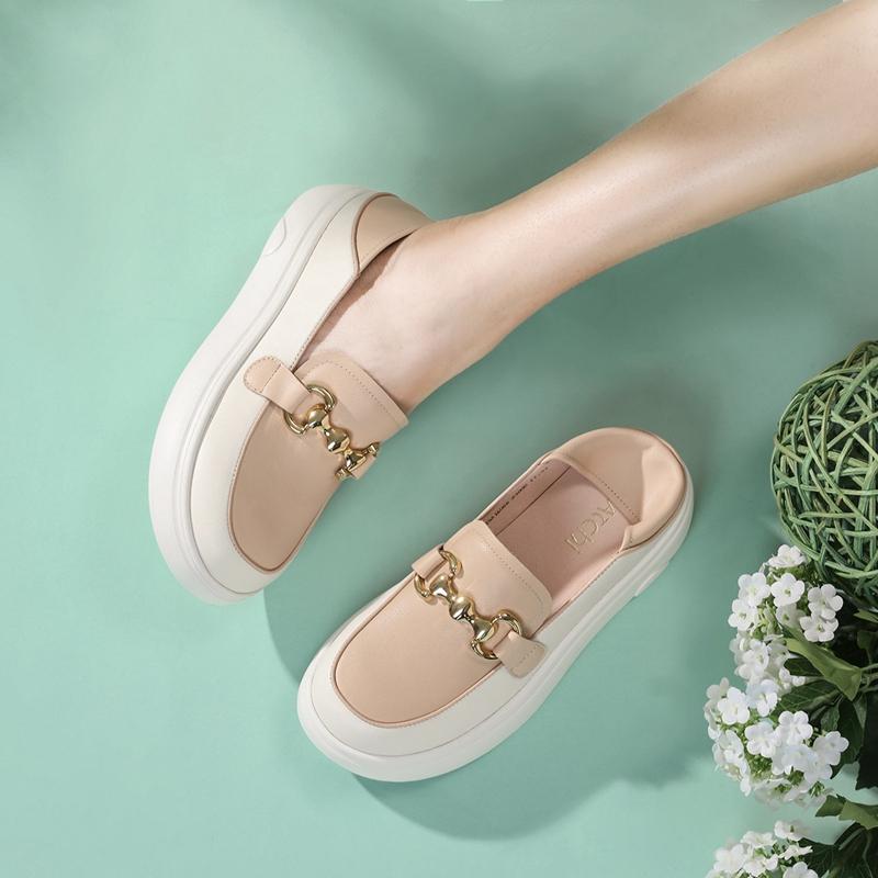 [Cowhide] Golden Yunle Fu Shoes with Thick Sole and Color Matching Single Shoe Metal Buckle Commuting Women's Shoes