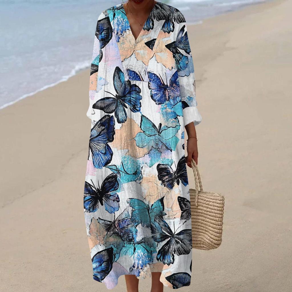 Dámské ležérní módní maxi šaty s výstřihem do V a dlouhým rukávem s květinovým potiskem