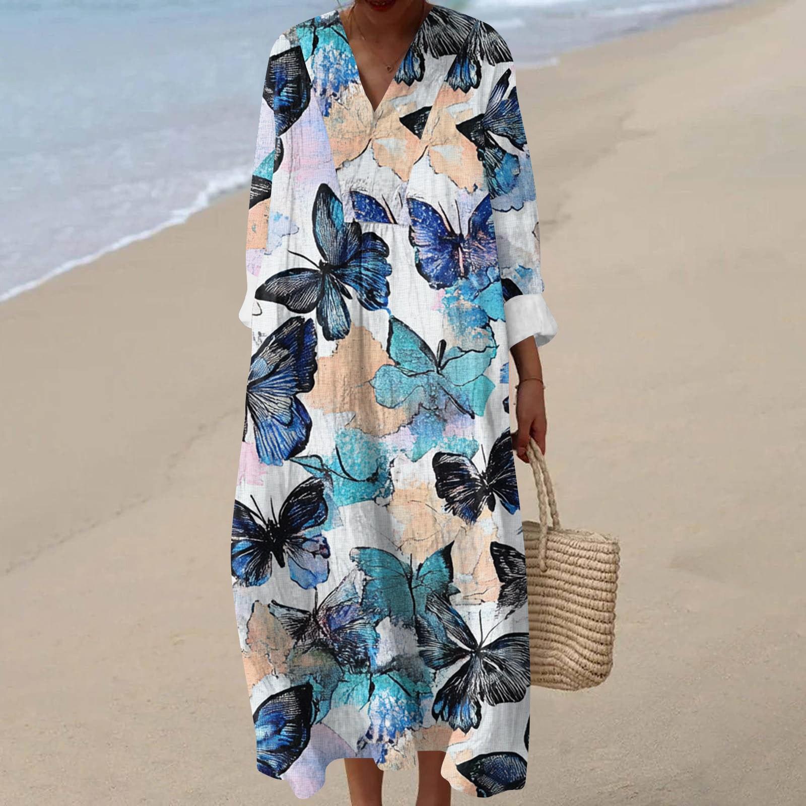 

Женское повседневное модное платье макси с V-образным вырезом и длинными рукавами с цветочным принтом XXL циан