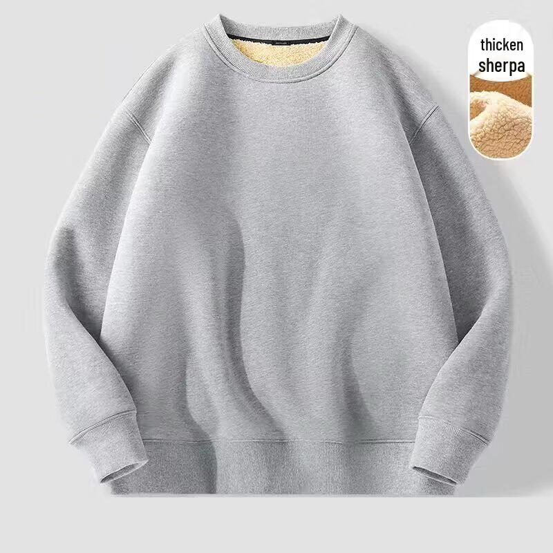 Men's Winter Lambswool Round Neck Hoodie, Thick Warm Solid Color Pullover with Plus Velvet Base Layer.