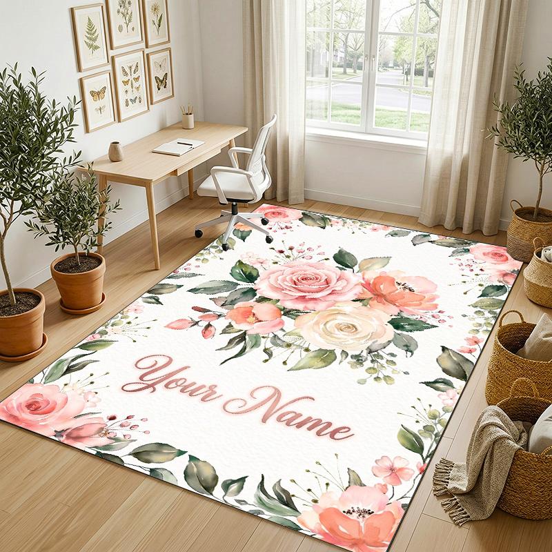 Floral Garden Theme Crystal Velvet Rug Personalized Custom Name Text Soft Floor Mat Home Decor