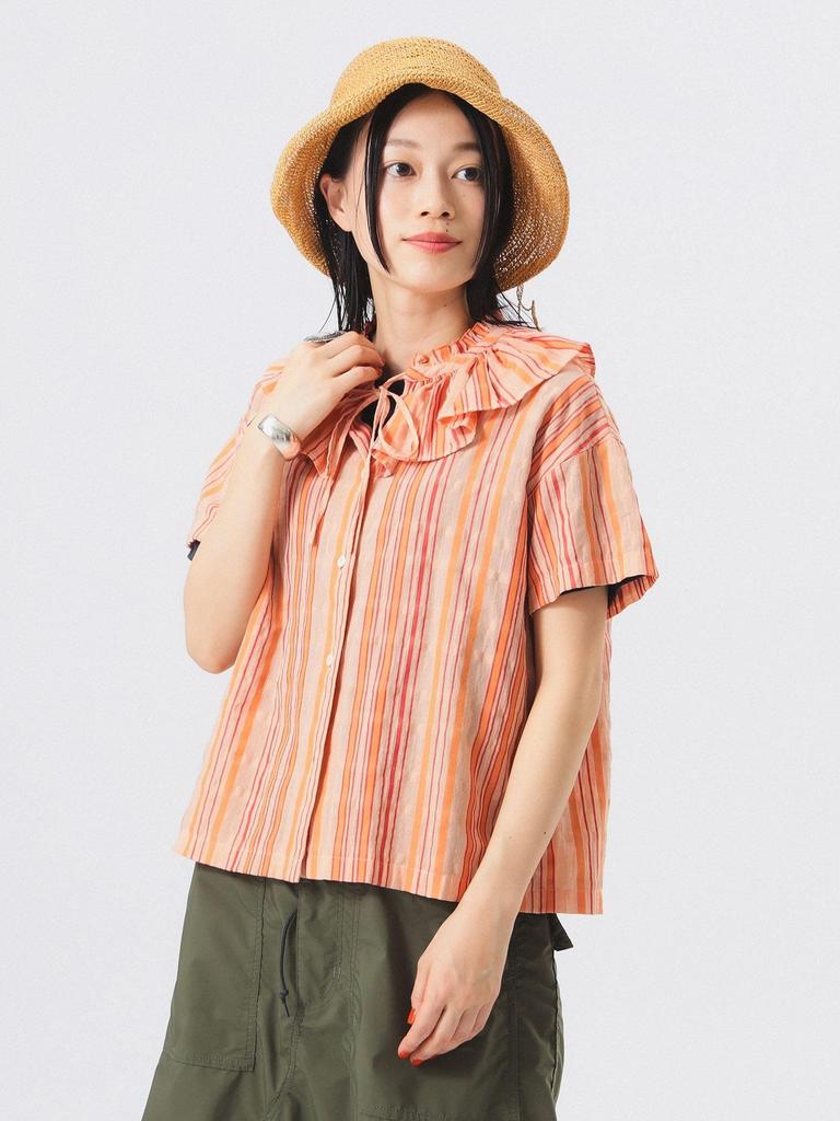 Beams Boy Women's Striped Ruffle Short Sleeve S/S Shirt, Pink Free