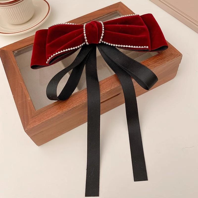 Fashion Retro Rhinestone Velvet Bow Ribbon Hairpin For Woman Temperament Back Of The Head Hair Clips New Year Hair Accessories