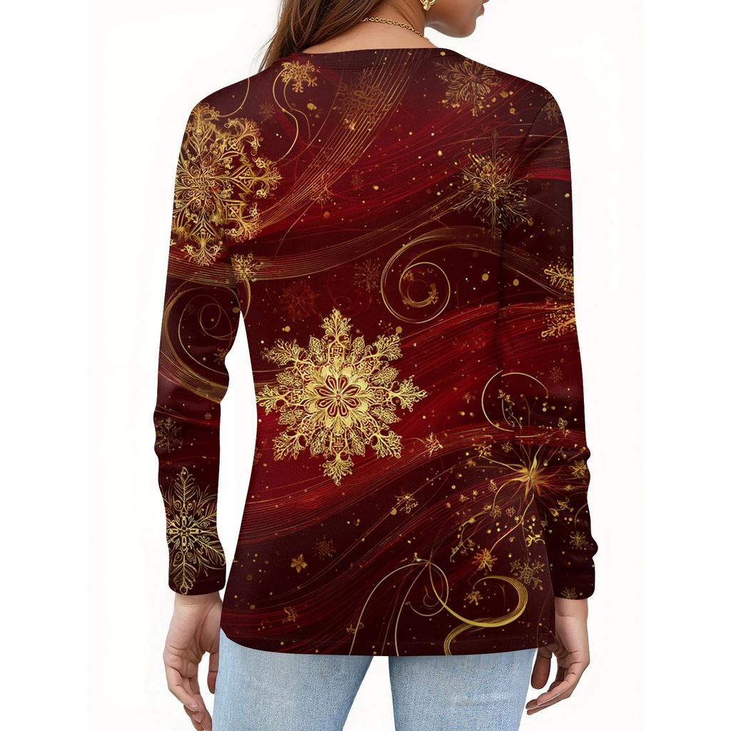 Women's Fashion Casual H Printed V-Neck Long Sleeve Decorative Button T-Shirt Tops