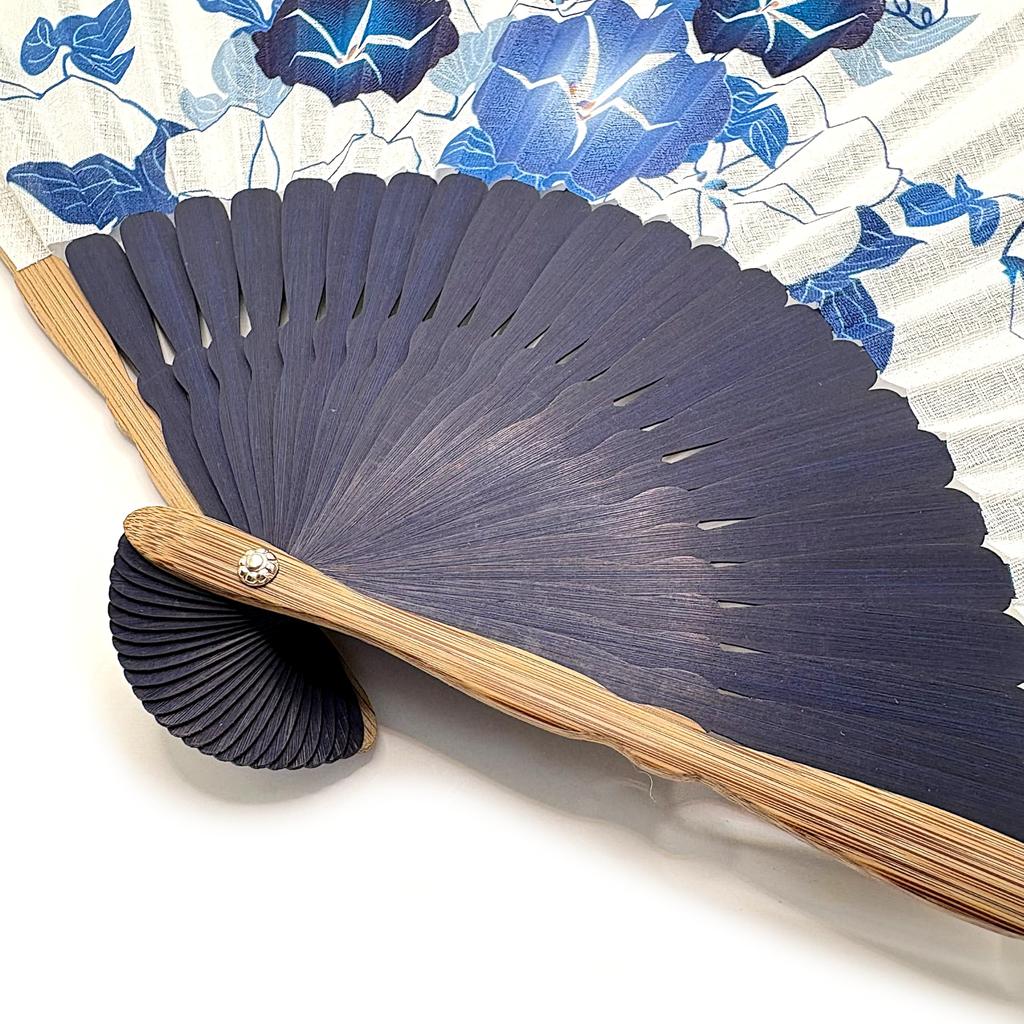 [Hanakanzashi] Women's Folding Fan, Morning Glory Pattern, Indigo Blue, with Fan Case, Cotton Fabric, 21cm